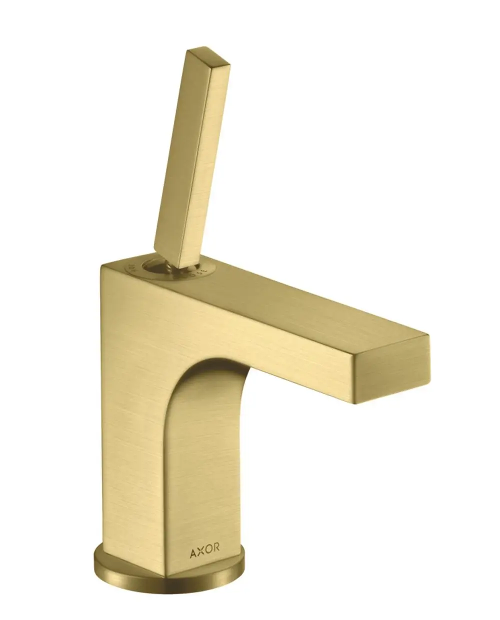 Ein einhebeliger Waschtischmischer in brushed brass von AXOR mit rechteckigem Auslauf und länglichem Hebel. Integrierte Zugstangen-Ablaufgarnitur.